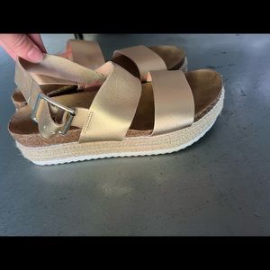 Platform Sandals, gold straps and beaded on platform size 6